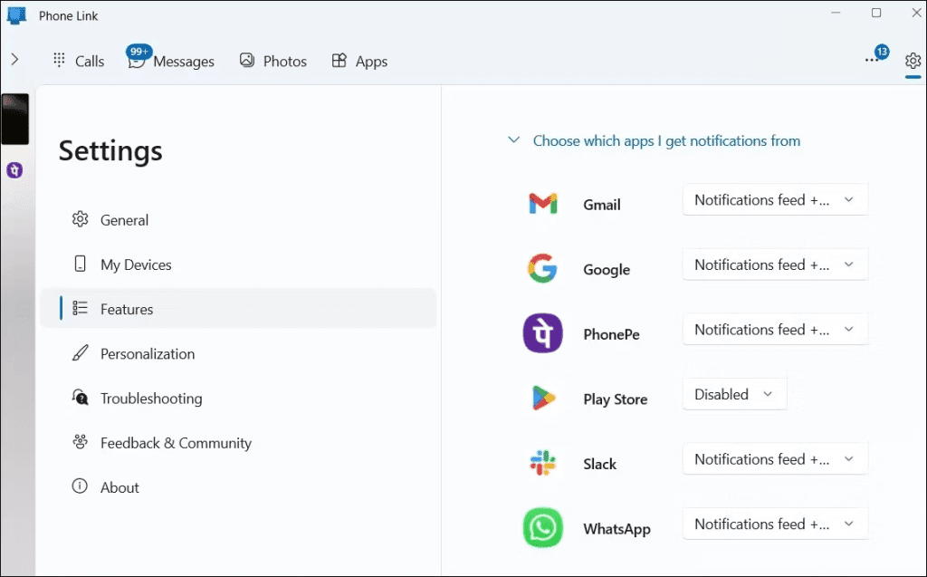 app's settings menu
