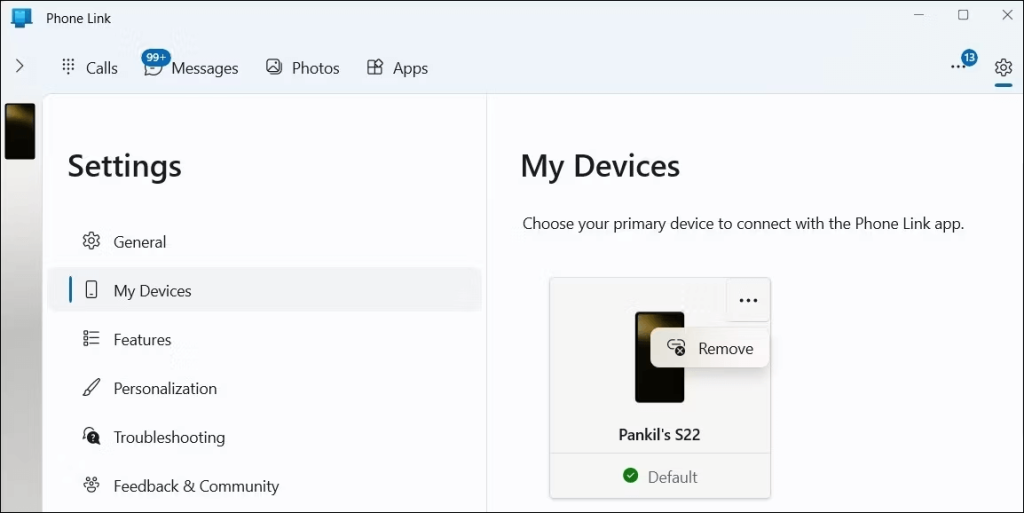 phone in Settings