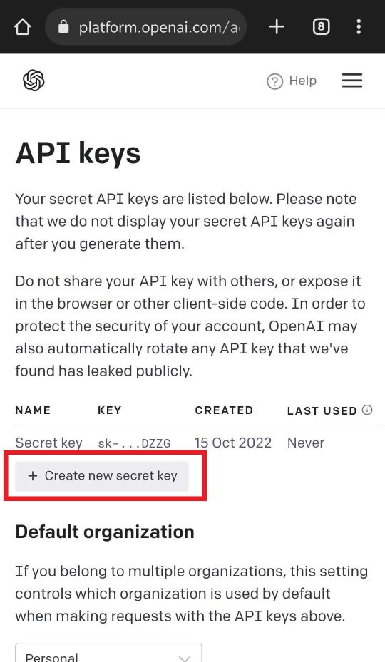 Create new secret key