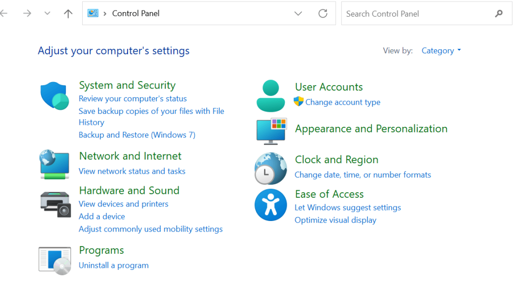 view by option control panel