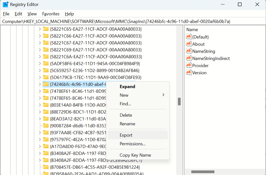 Export from the context menu
