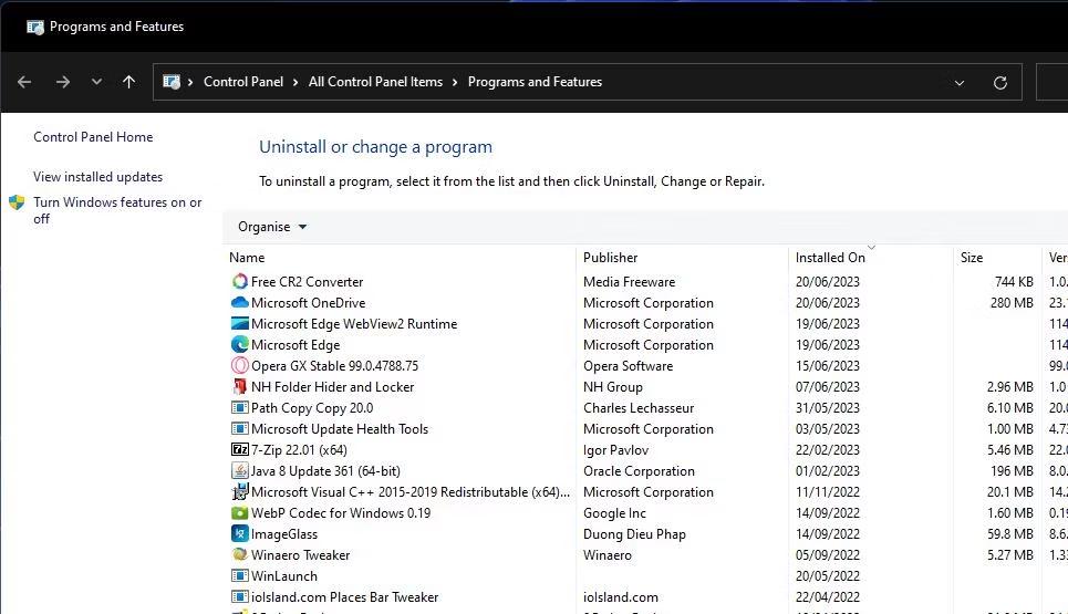 Programs and features