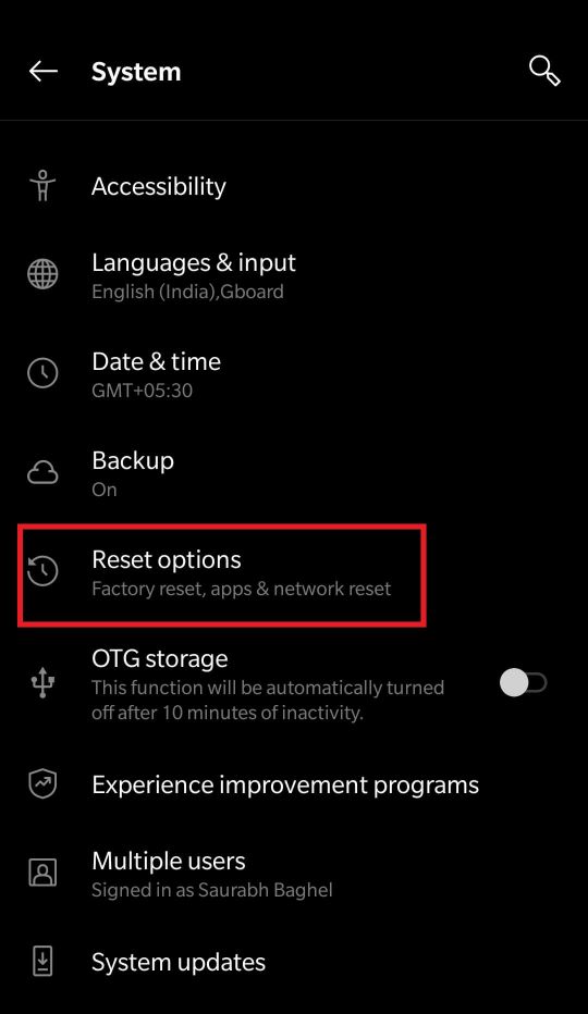 Reset options