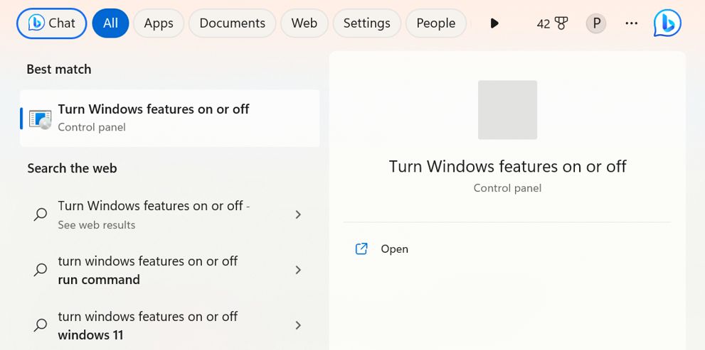 Turn Windows features on or off
