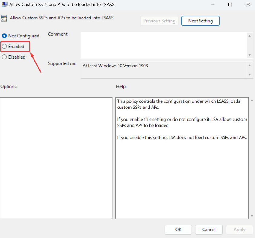 radio button next to Enabled