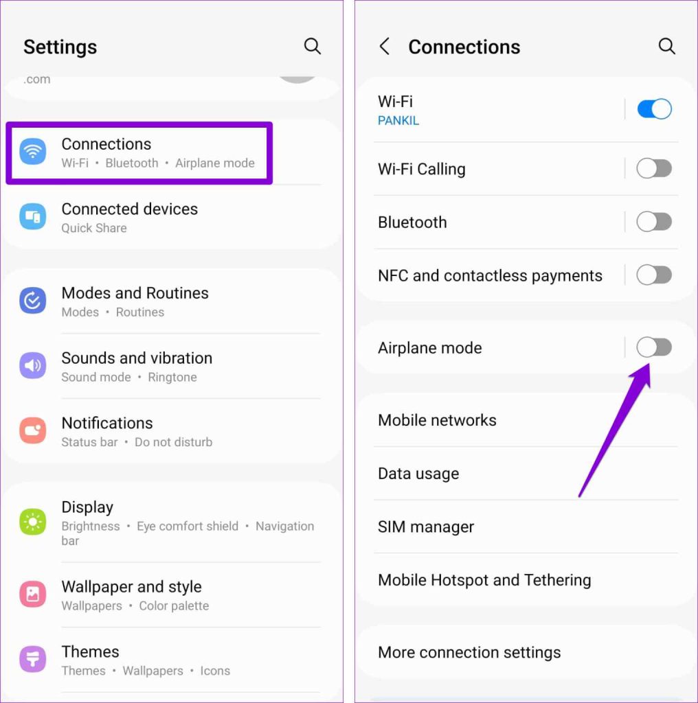Airplane mode using the toggle