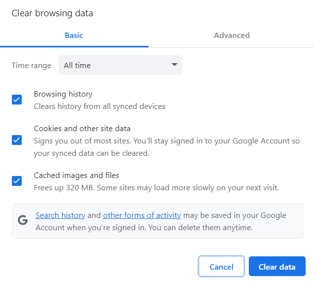 Cookies and other site data