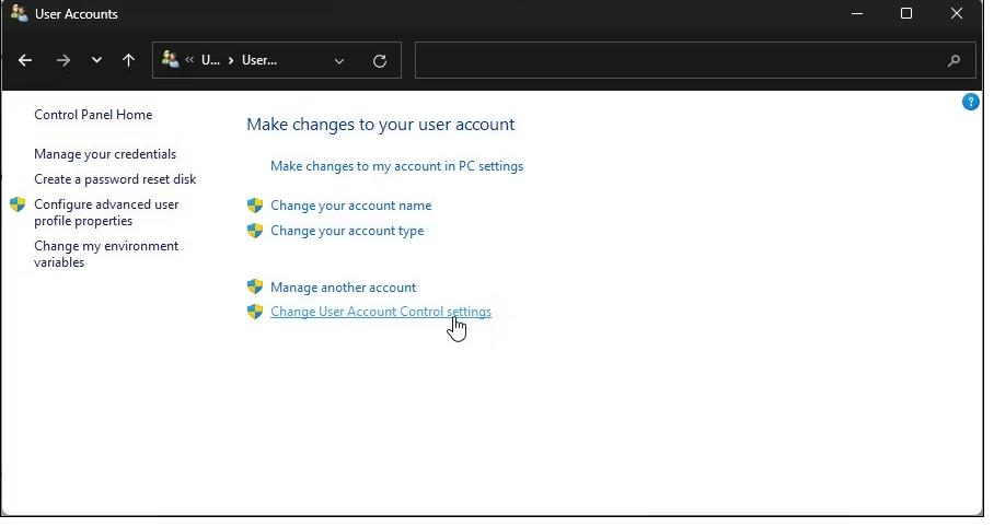 User Account Control settings