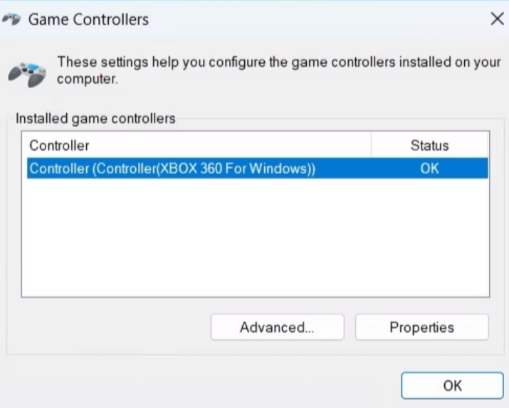 Game Controllers panel