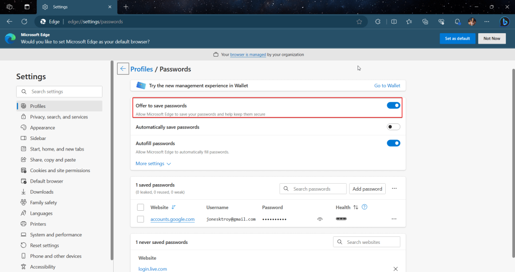 Offer to save passwords