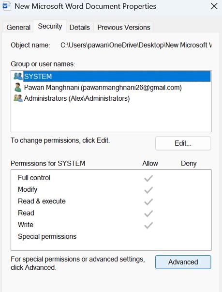 Security tab