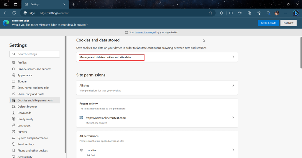 delete cookies and site data
