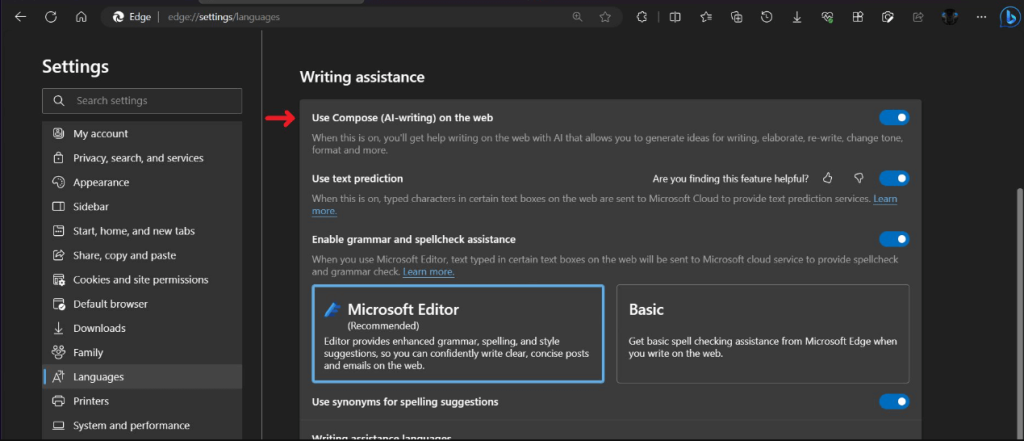 Microsoft Edge's AI writing feature