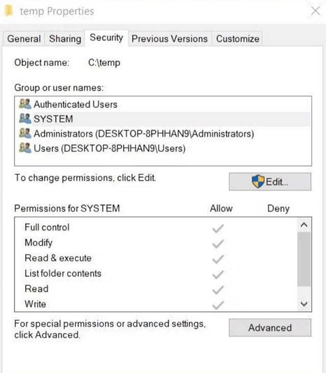 view a permissions window