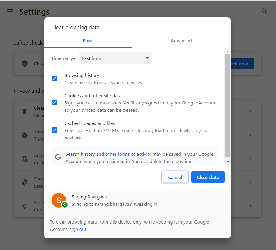 Clear browsing data