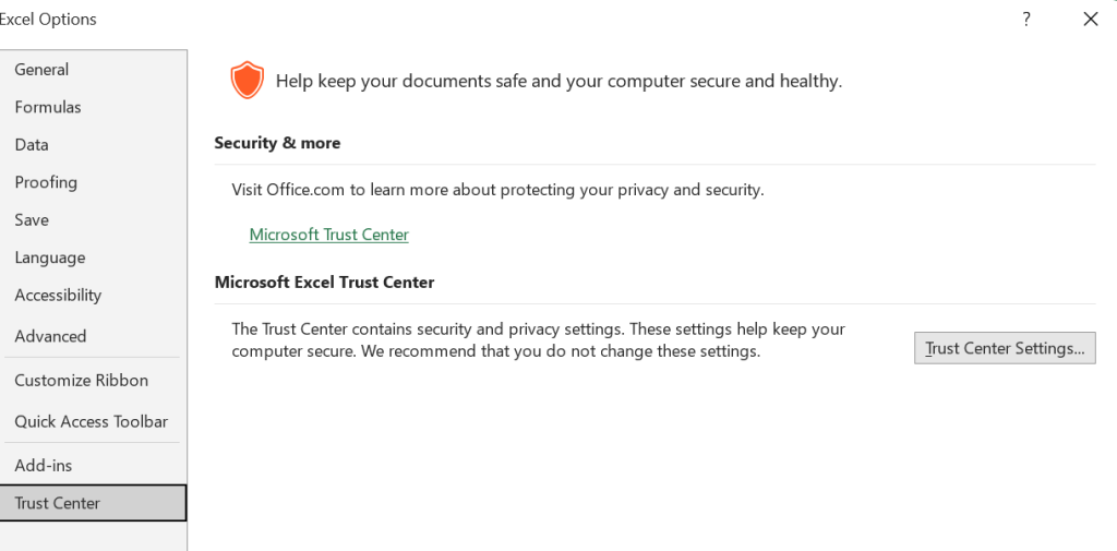 Trust Center Settings
