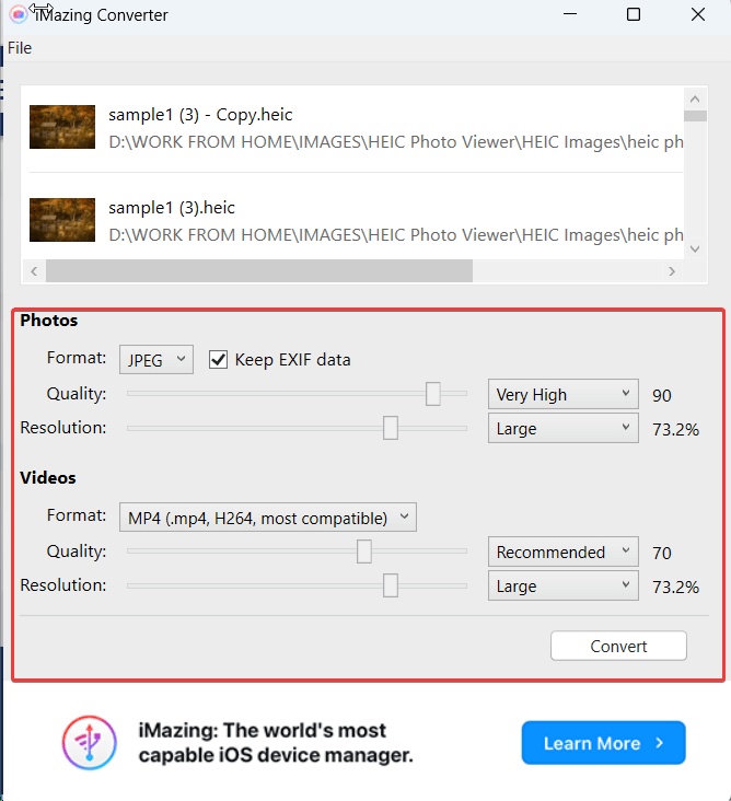 Change Quality and Resolution
