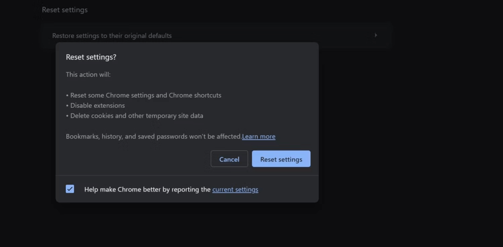 Reset Settings option