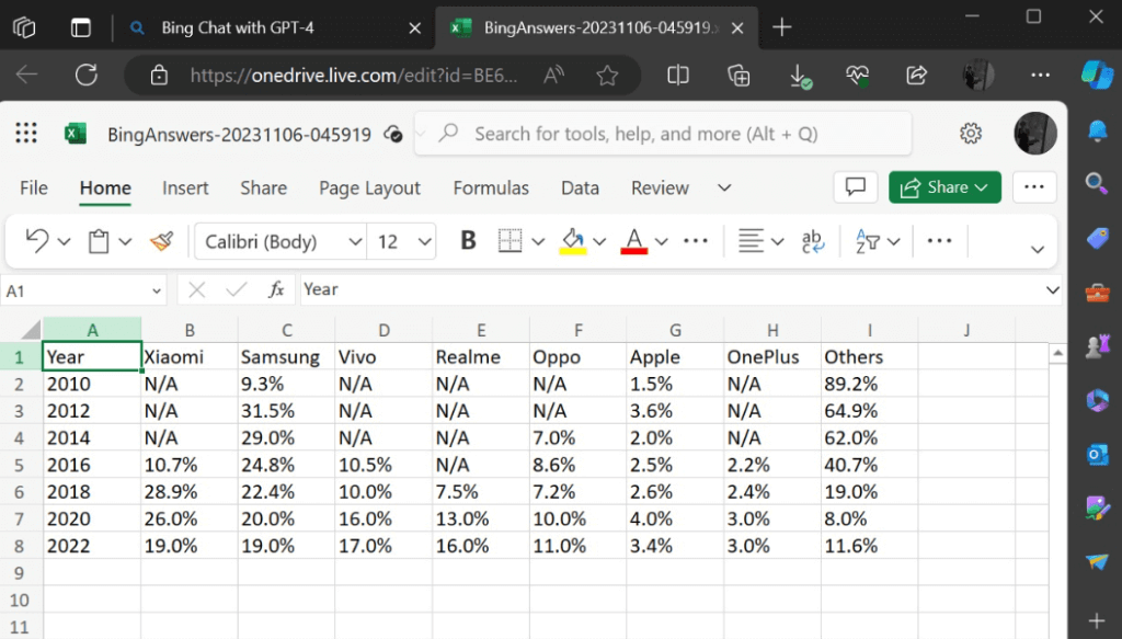Microsoft Excel web client