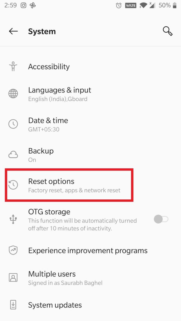 reset option