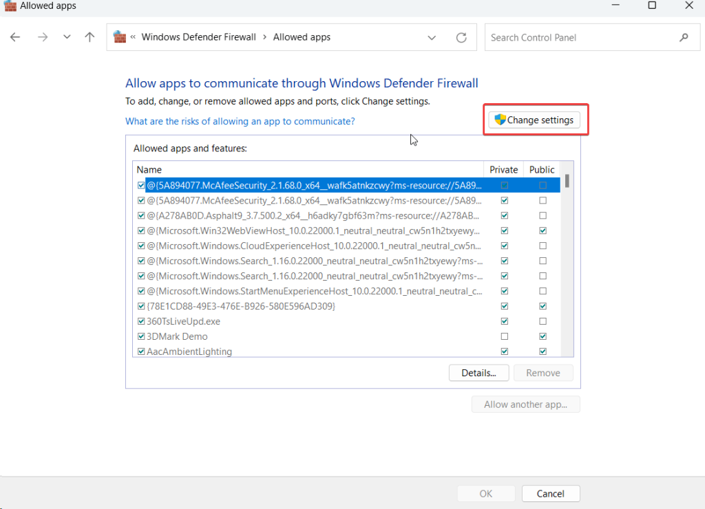 change settings