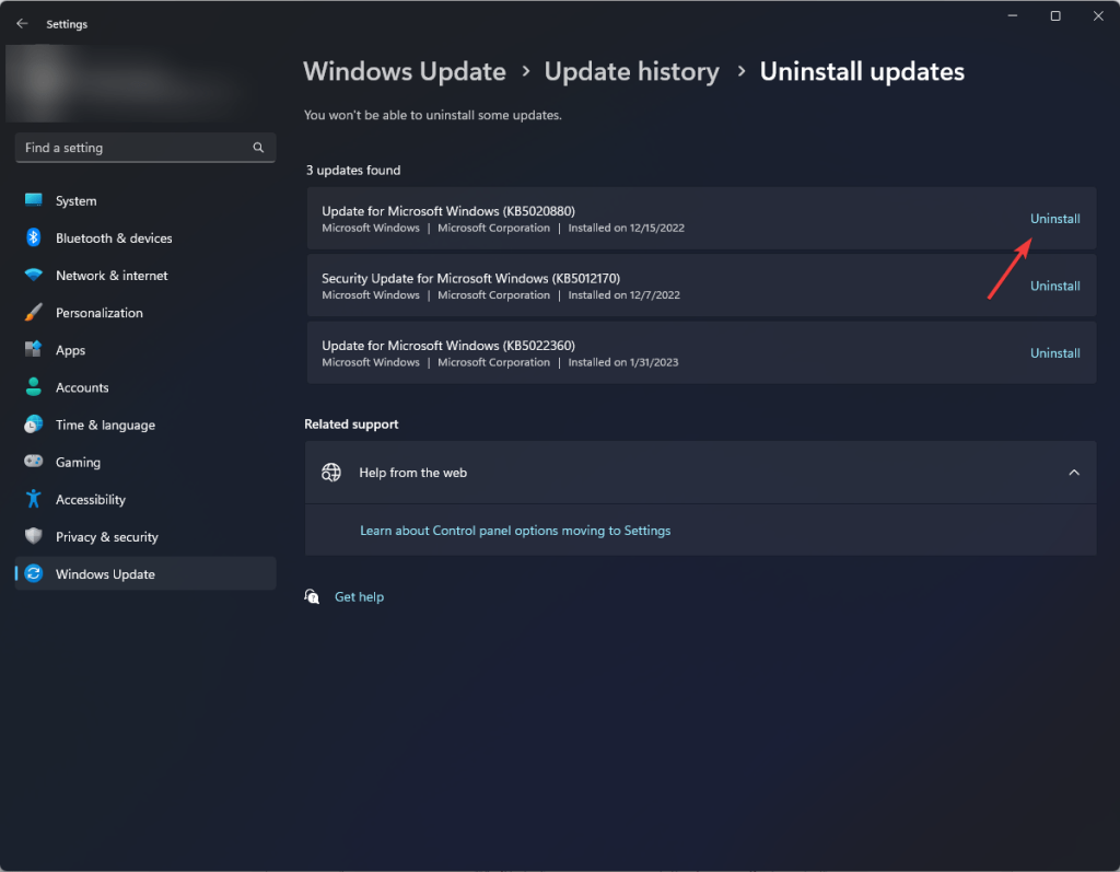 Uninstall the updates