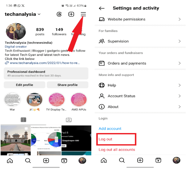 Logout instagram