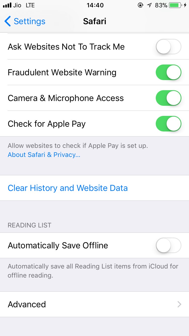 Clear cookies, history and data in safari