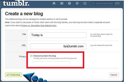 Create Private Blog button