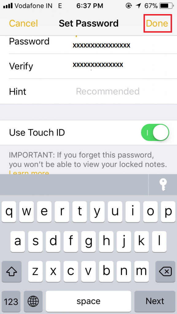 Enable Password in Notes