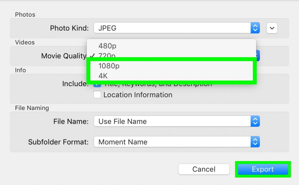 Export movie quality mac