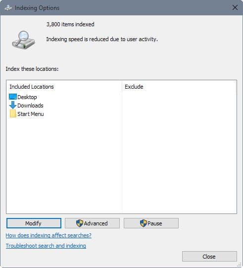 Indexing options