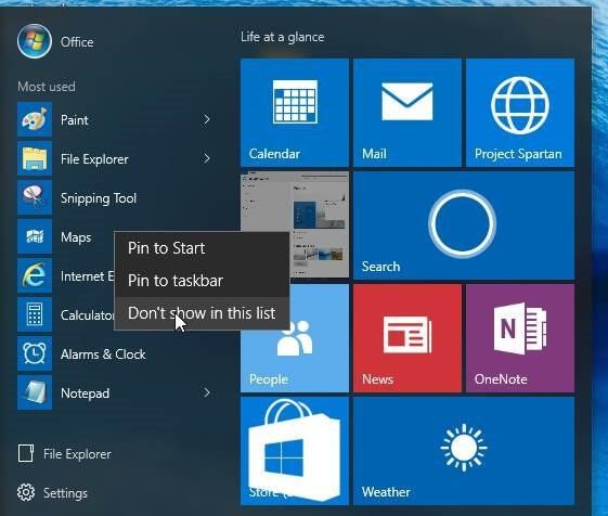 Most used apps in windows 10
