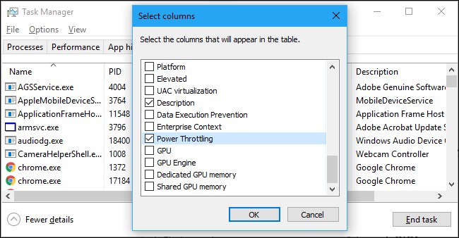 Task manager power throttling