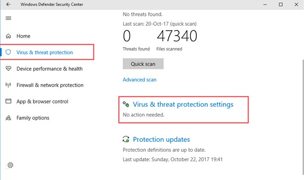 Windows Defender Security Center virus and threat protection