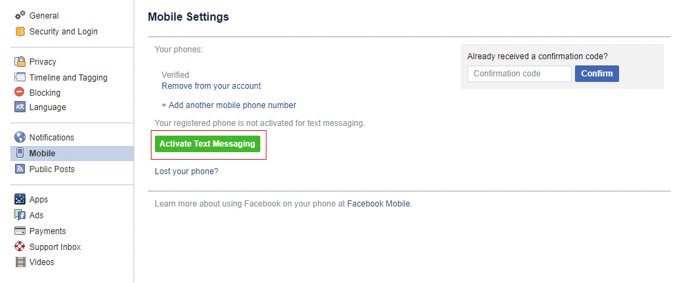 activate text messaging on facebook