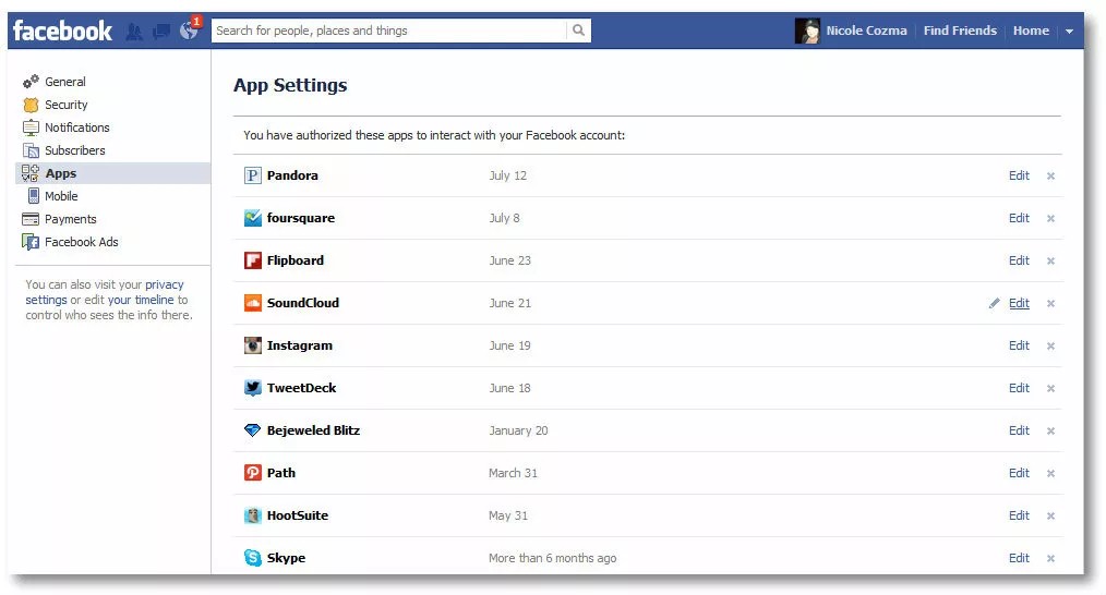 facebook app settings