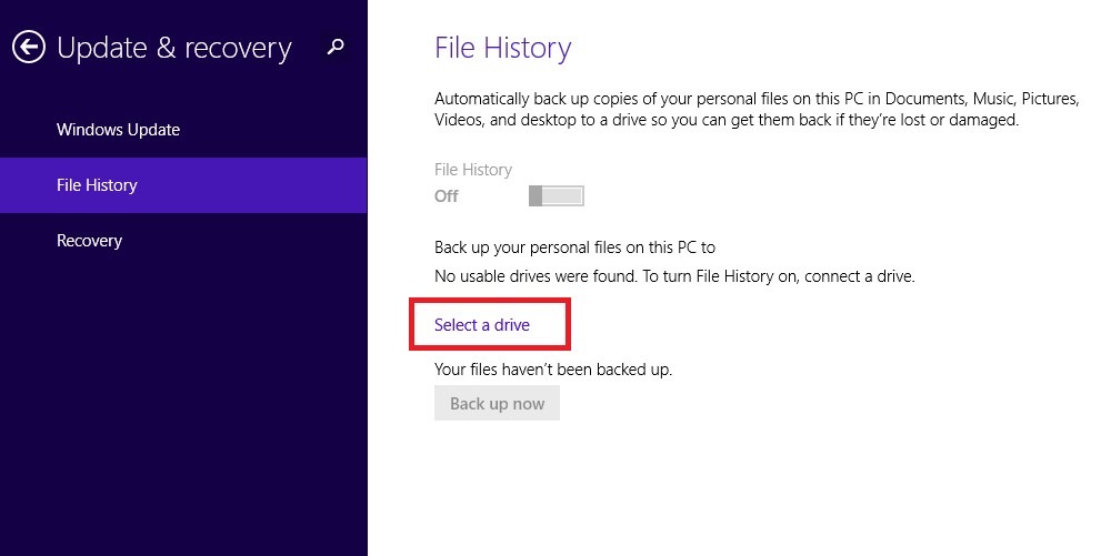 file history select drive