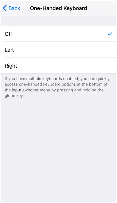 on or off one hand keyboard ios 11